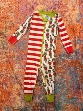 Hanna Andersson Grinch Christmas Pajama Sleeper Red Stripe Zip Romper 85 c